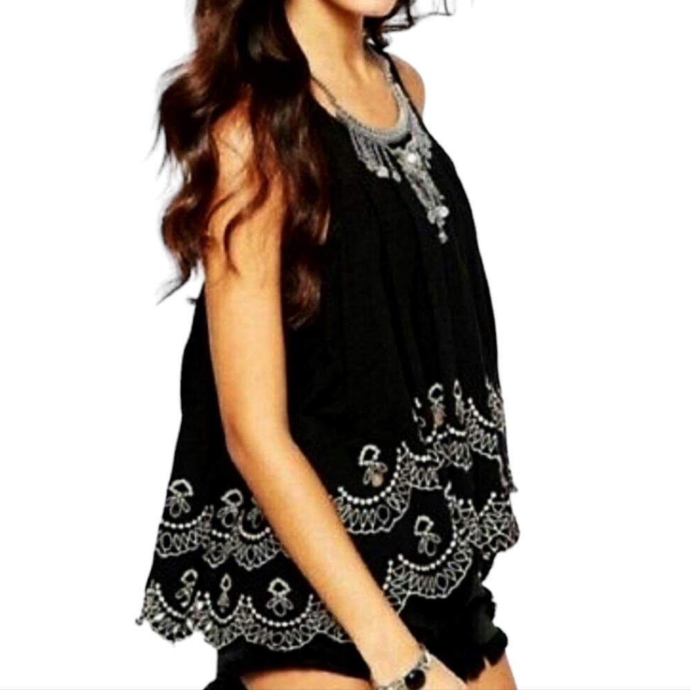 Free People Boho Toosaloosa Slub Attina Eyelet Keyhole Cut Out Swing Tank Top - Picture 7 of 14